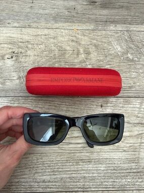 Emporio Armani Black Rectangular Sunglasses with Red Case and rhinestone logo